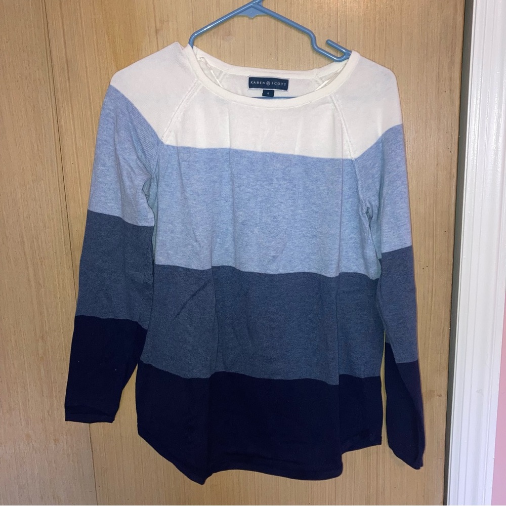 Karen Scott Blue Color Block Stripe Sweater